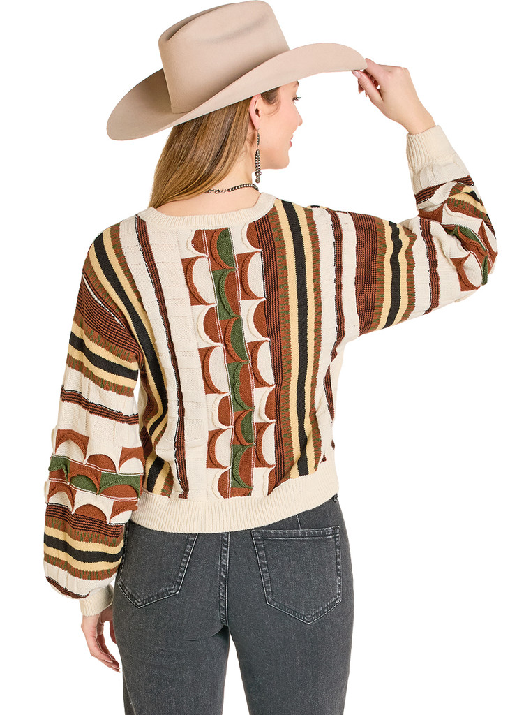 Women's Rock & Roll Sweater, Natural with Green and Brown Textured Print
