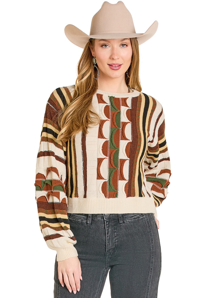 Women's Rock & Roll Sweater, Natural with Green and Brown Textured Print