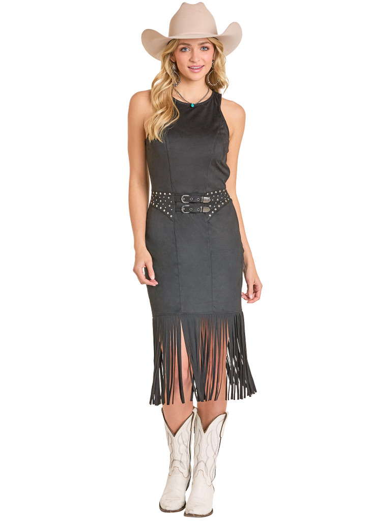 Women's Rock & Roll Dress, Black Suede with Fringe and Faux Belt with Studs