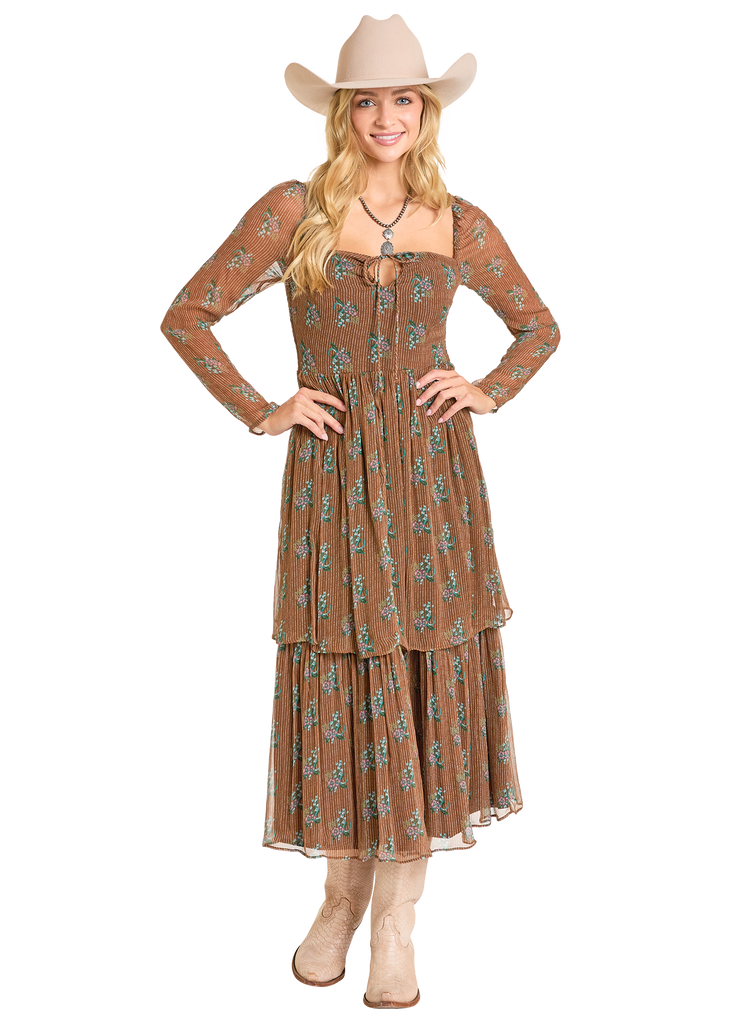 Women's Rock & Roll Dress, Brown, Pinstripe Floral