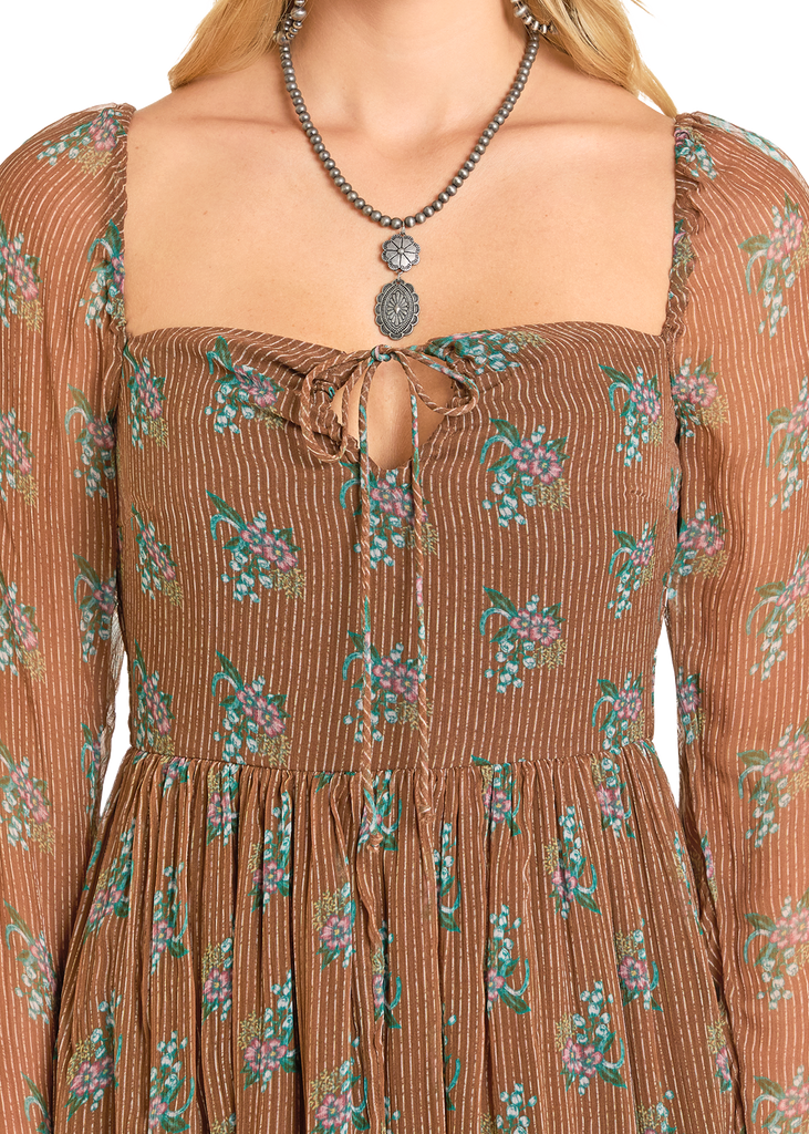 Women's Rock & Roll Dress, Brown, Pinstripe Floral