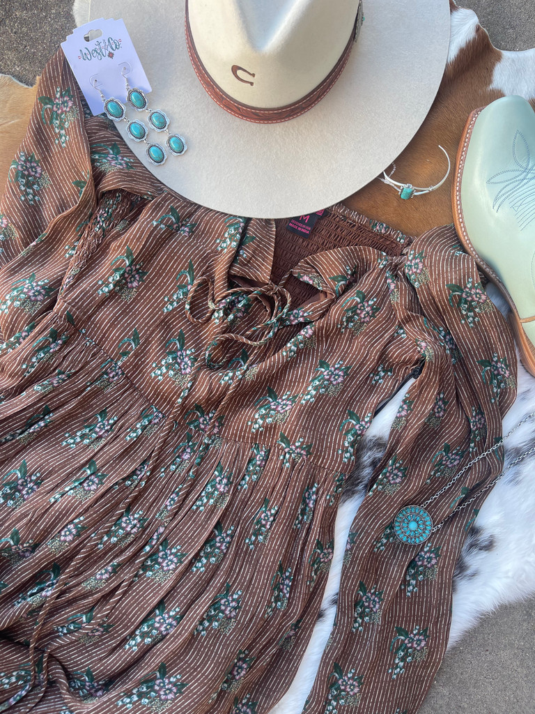 Women's Rock & Roll Dress, Brown, Pinstripe Floral