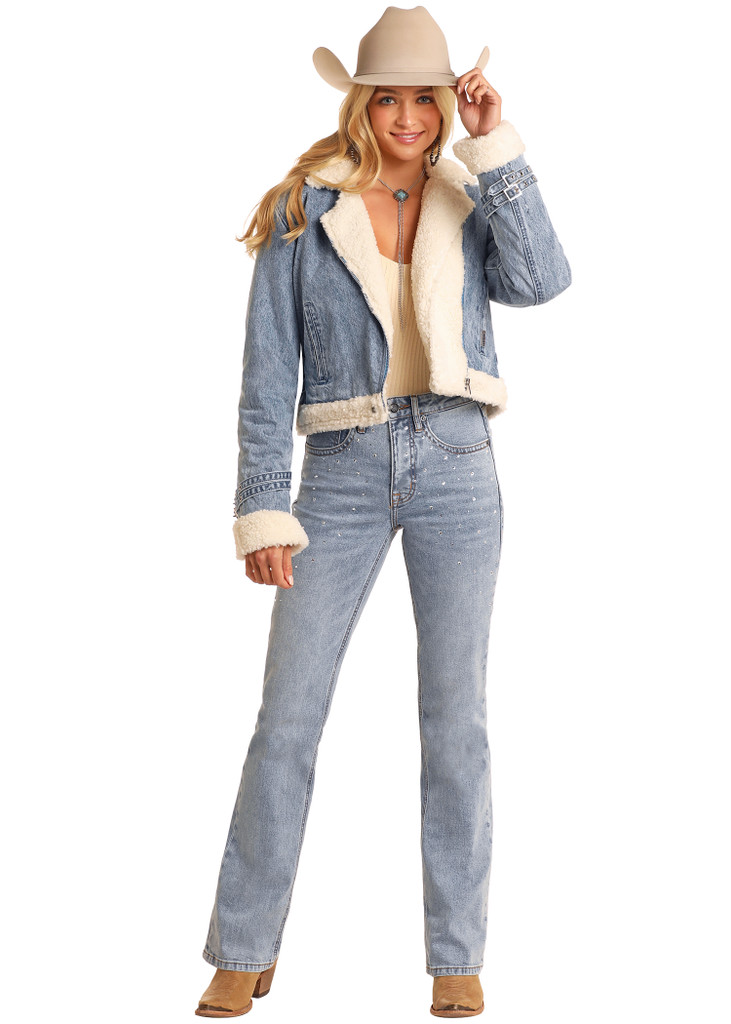 Women's Rock & Roll Jacket, Denim with Sherpa Lining