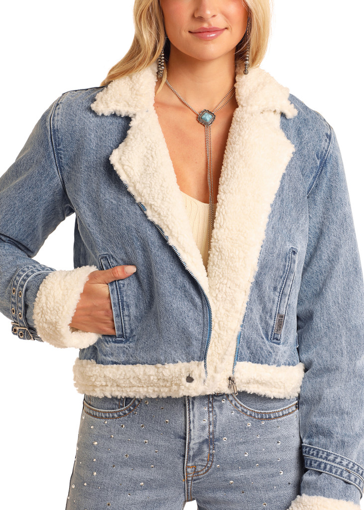 Women's Rock & Roll Jacket, Denim with Sherpa Lining