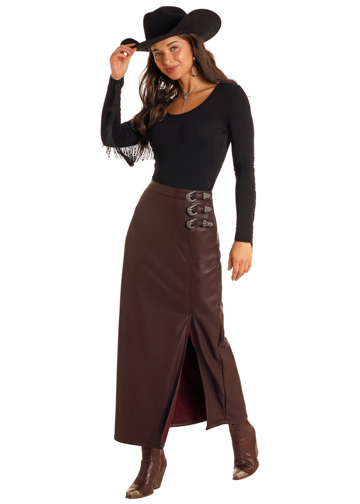 Women's Rock & Roll Skirt, Pleather Maxi, 3 Side Buckles, Wine
