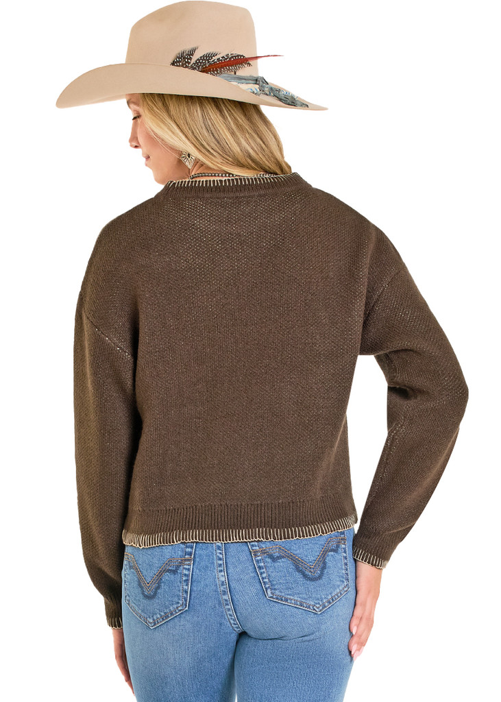 Women's Rock & Roll Sweater, Brown with Bronc Rider, Blanket Stitch Trim