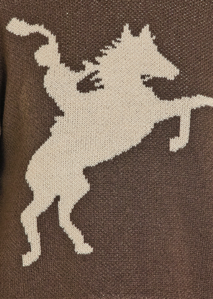 Women's Rock & Roll Sweater, Brown with Bronc Rider, Blanket Stitch Trim