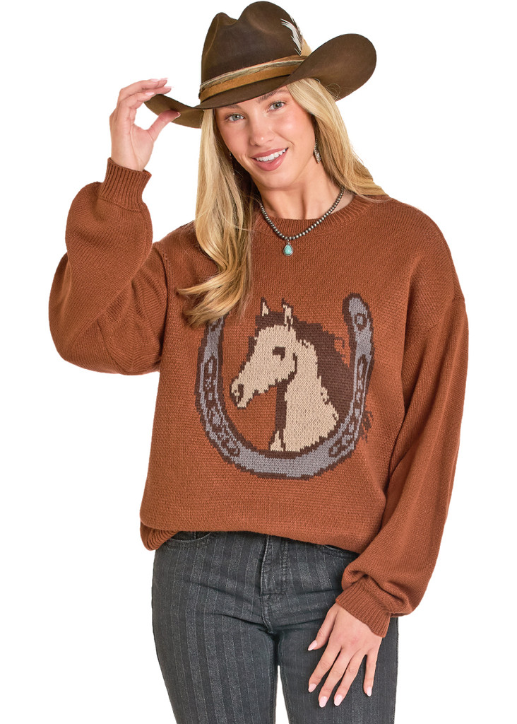 Women's Rock & Roll Sweater, Burnt Orange with Horse and Horseshoe Graphic