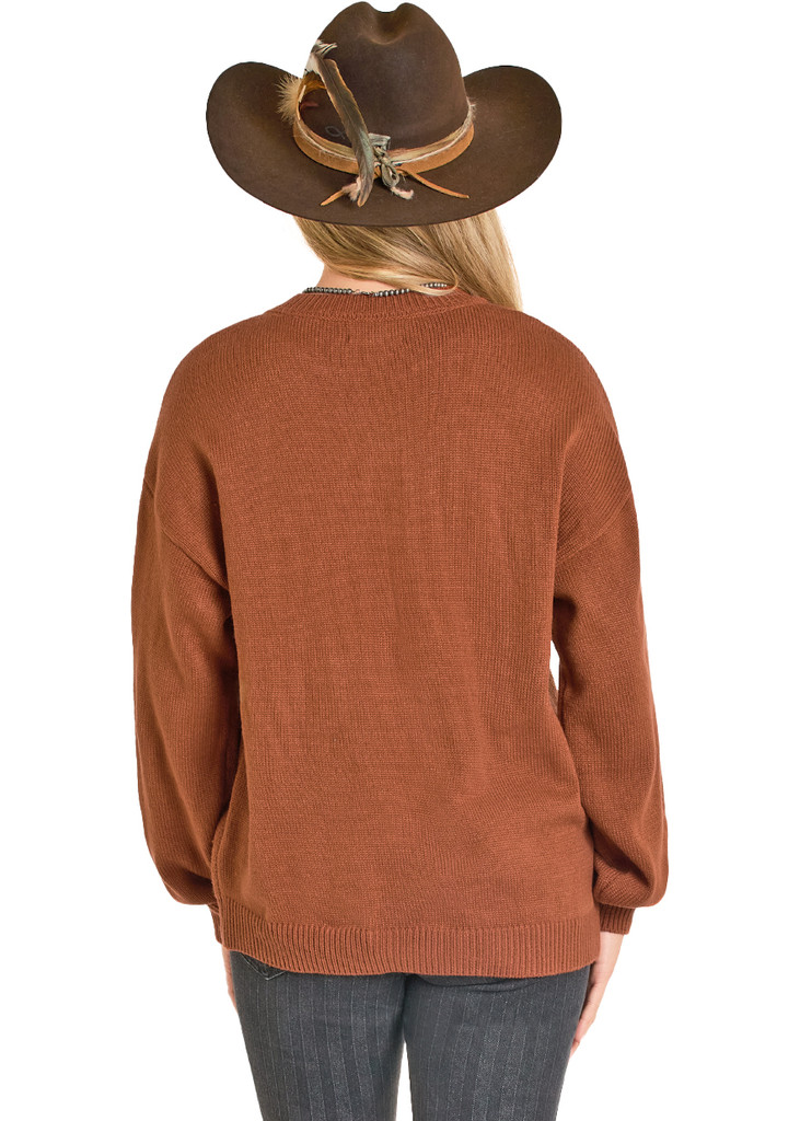 Women's Rock & Roll Sweater, Burnt Orange with Horse and Horseshoe Graphic