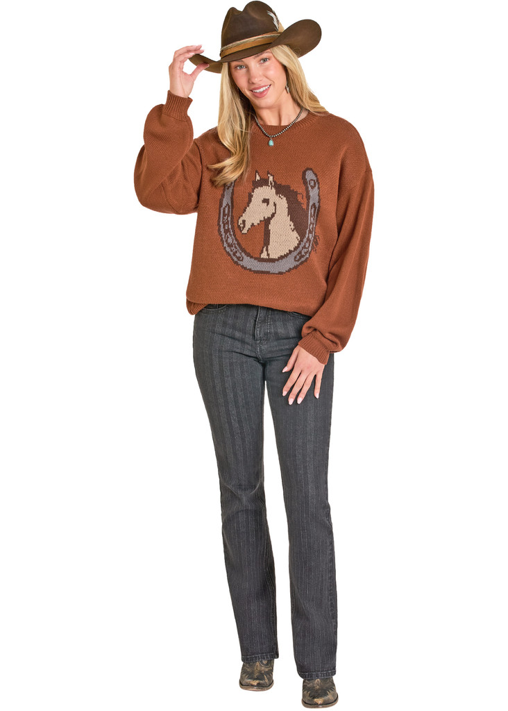 Women's Rock & Roll Sweater, Burnt Orange with Horse and Horseshoe Graphic