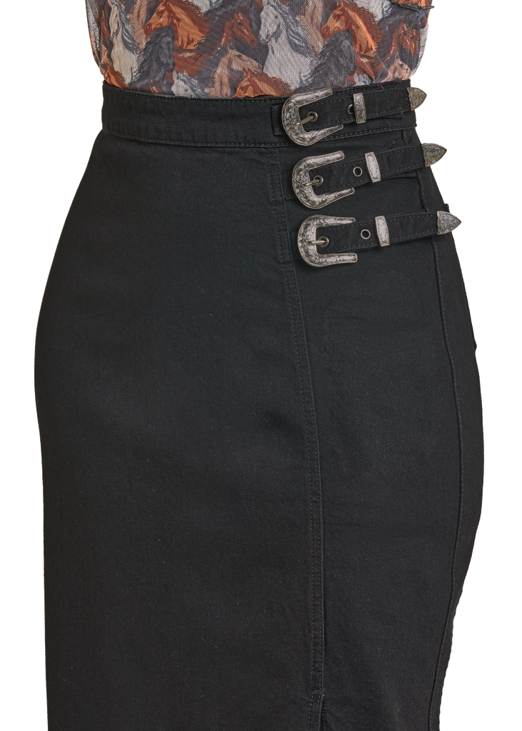 Women's Rock & Roll Skirt, Black Denim, Maxi, 3 Buckle Waist