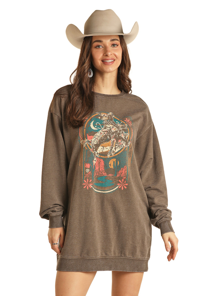 Women's Rock & Roll Dress, Brown Sweatshirt, Bronc Rider Graphic