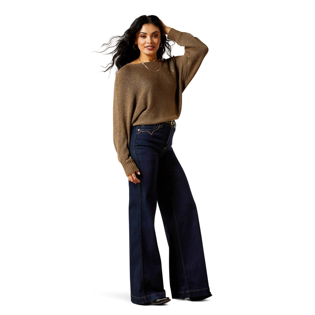 Women's Ariat Sweater, Goldie, Chocolate Chip Brown with Howdy Graphic