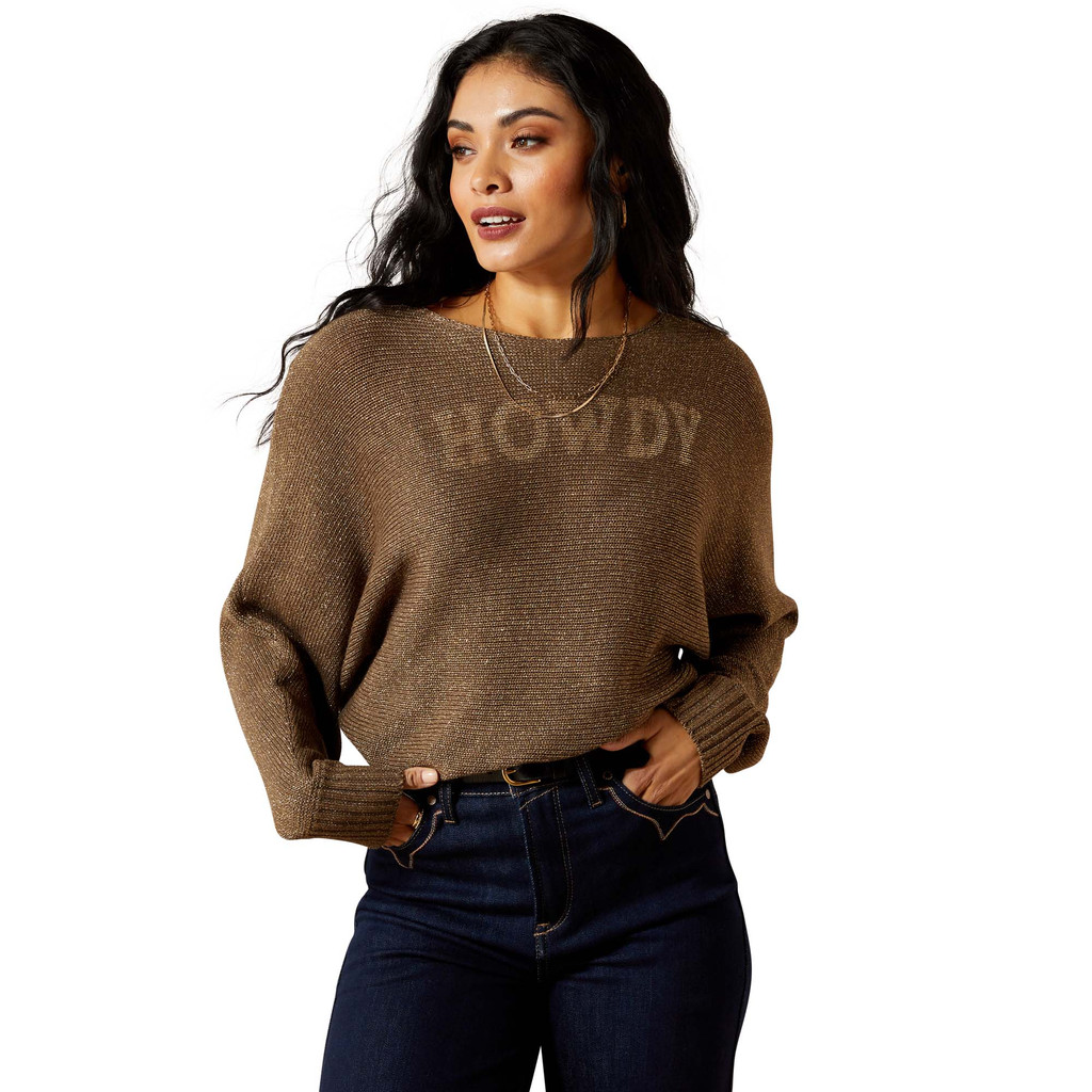 Women's Ariat Sweater, Goldie, Chocolate Chip Brown with Howdy Graphic