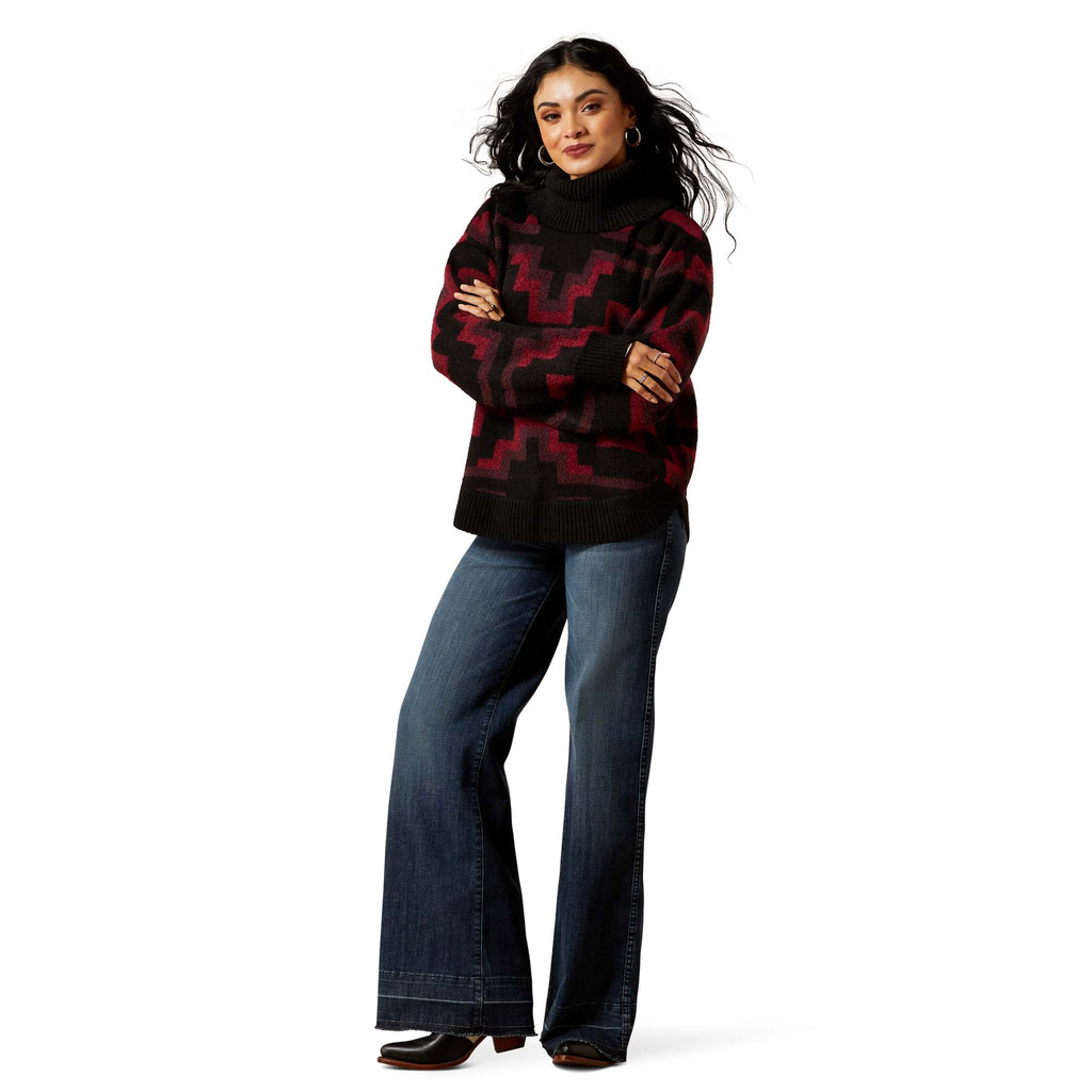 Women's Ariat Sweater, Nala, Black with Red Aztec