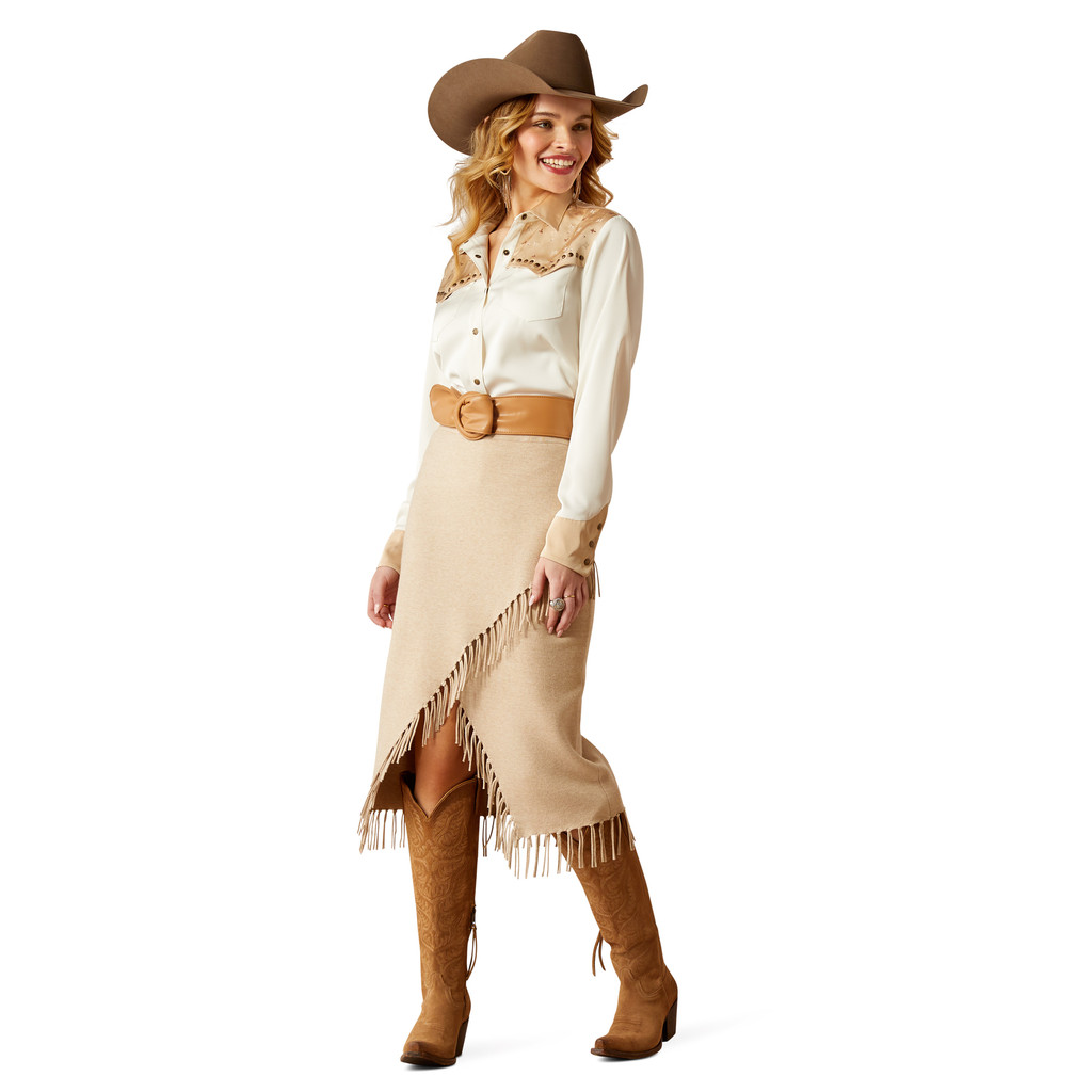 Women's Ariat Skirt, Derby Fringe Sweater, Oatmeal
