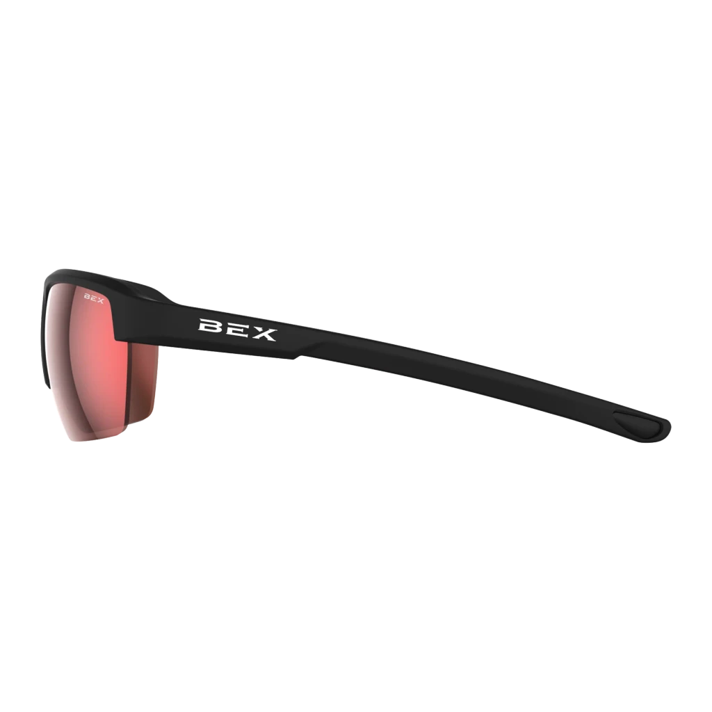 Bex Sunglasses, Swivel, Black and Brown Frame, Red Lens