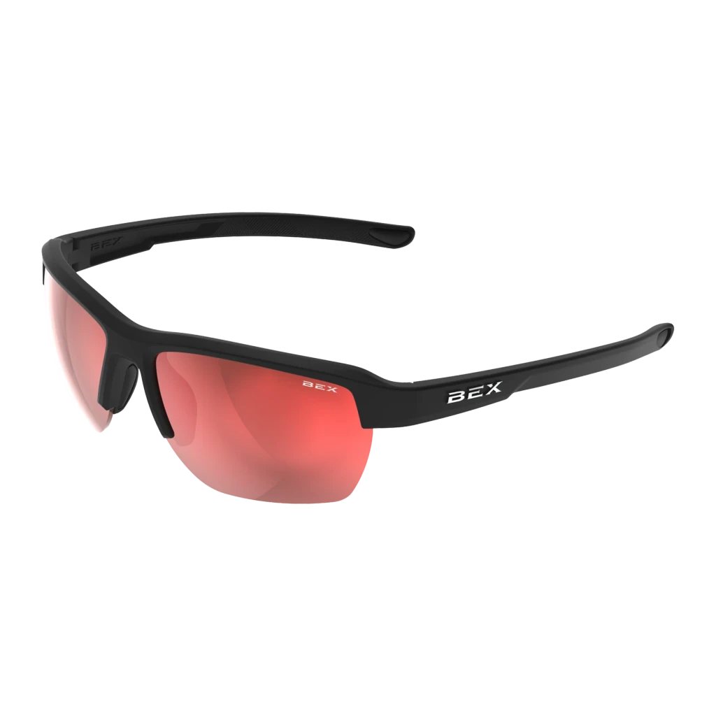 Bex Sunglasses, Swivel, Black and Brown Frame, Red Lens