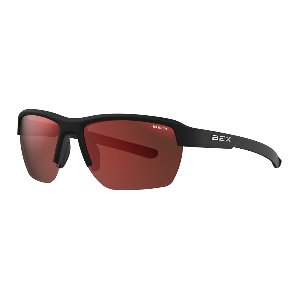 Bex Sunglasses, Swivel, Black and Brown Frame, Red Lens