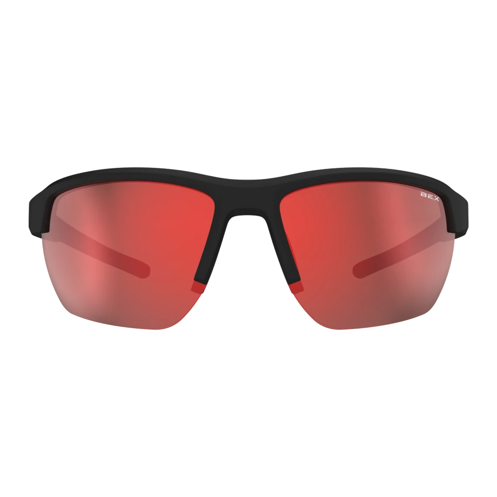 Bex Sunglasses, Swivel, Black and Brown Frame, Red Lens