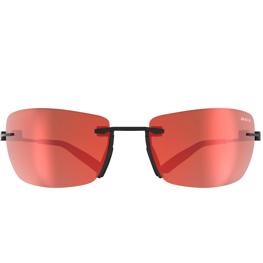 Bex Sunglasses, Fynnland X OTG, Black and Brown Frame, Red Lens
