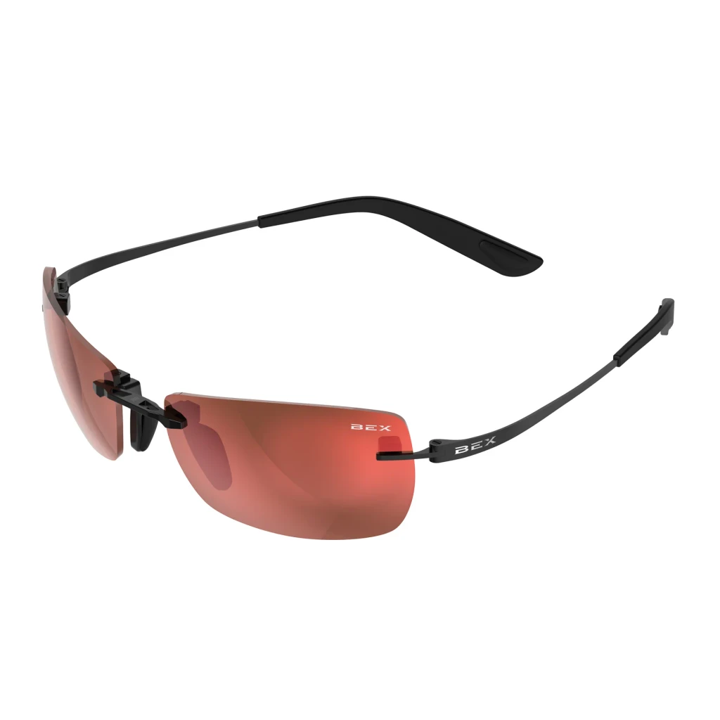 Bex Sunglasses, Fynnland X OTG, Black and Brown Frame, Red Lens