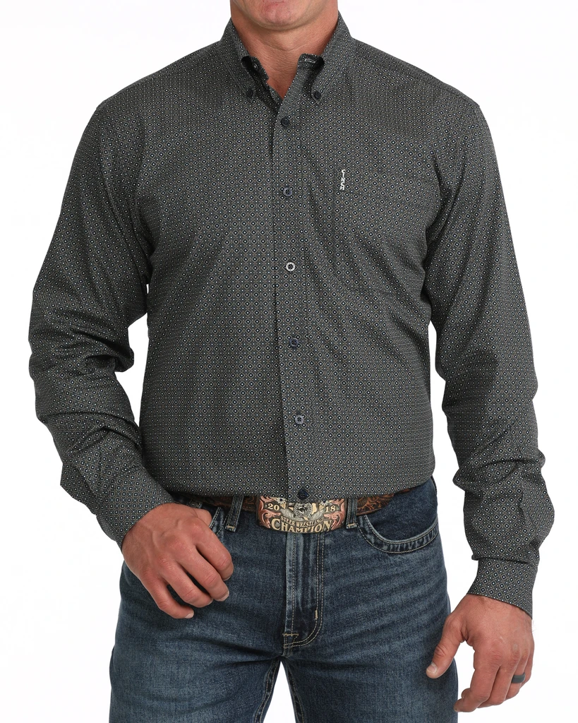 Men's Cinch L/S, Modern Fit, Brown with Navy Geometric Print
