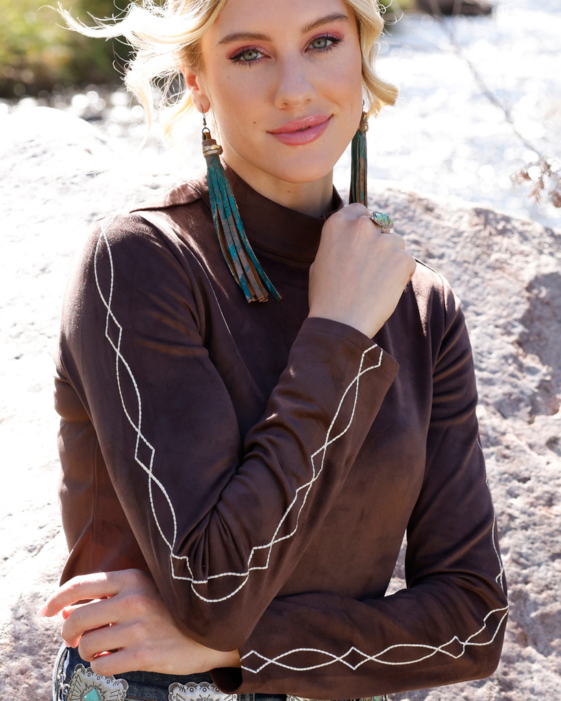 Women's Cruel L/S, Brown Mock Neck, Boot Stitched Sleeves