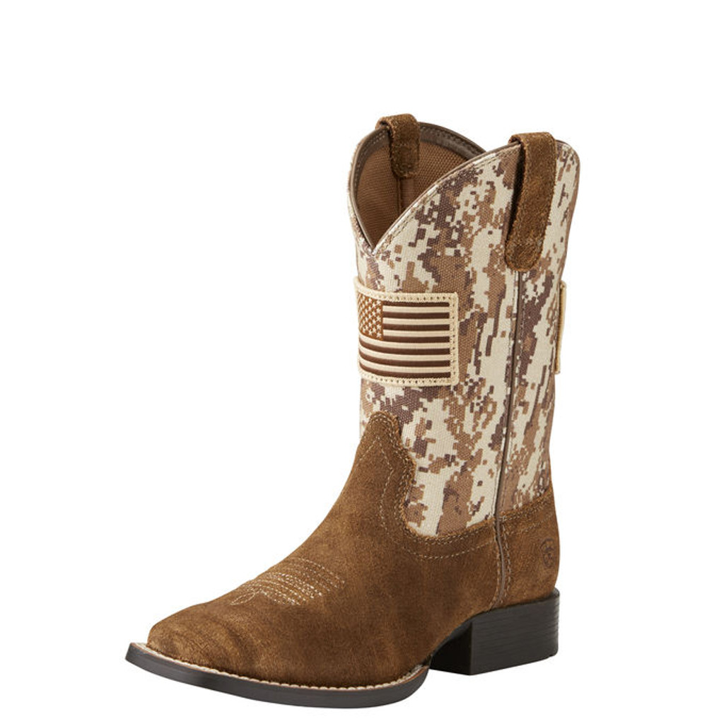 Kids Ariat Boot, Antique Mocha Washed Suede with Sand Camo Print