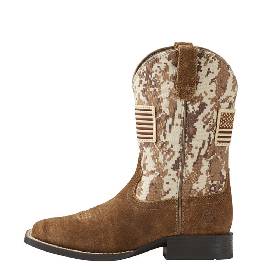 Kids Ariat Boot, Antique Mocha Washed Suede with Sand Camo Print