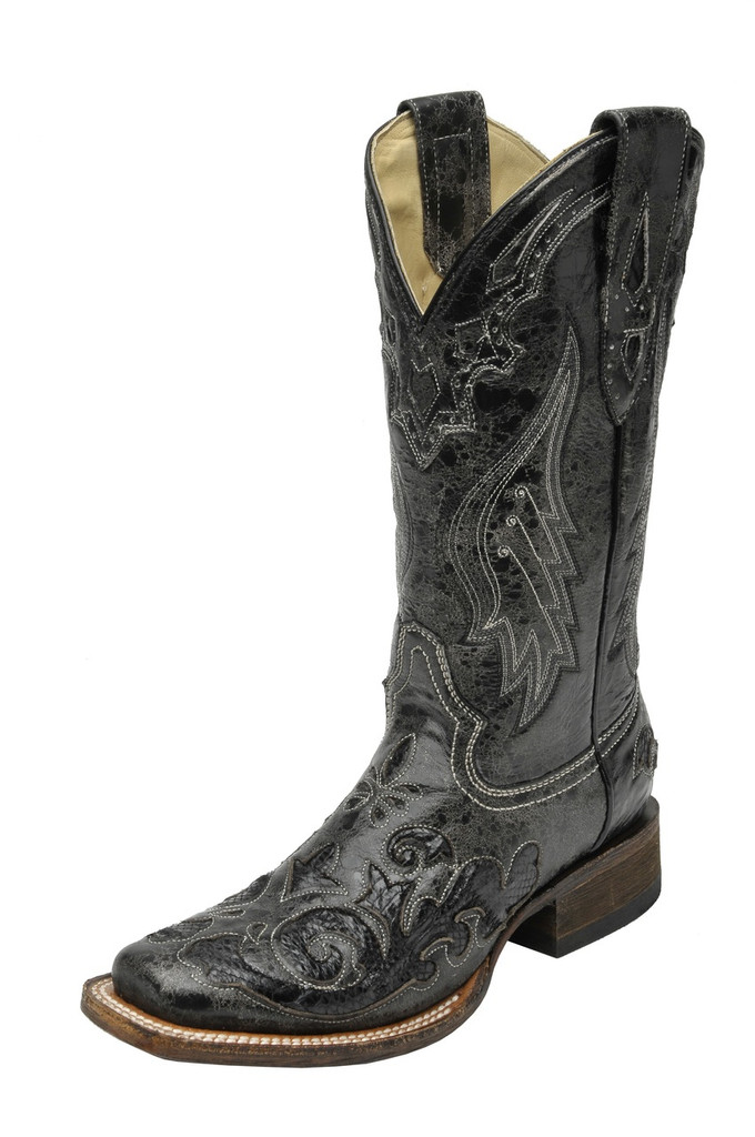 Women's Corral Boot, Black w/ Snake In Lay