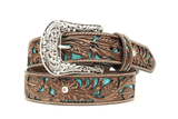 Women's Ariat Belt, Brown Tooled Floral with Turquoise Inlay, Rhinestons