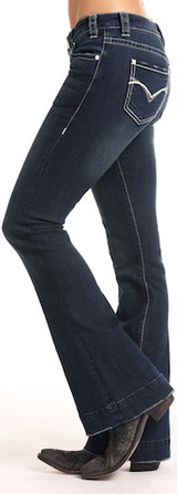 Women's Rock & Roll Jean, Trouser Fit, Dark Wash, Curved V Leather Pocket