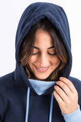 Women's Cinch Hoodie, Navy Blue with Light Blue Accents