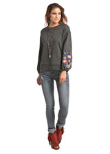 Women's Rock & Roll L/S, Charcoal, Embroidered Puff Sleeve