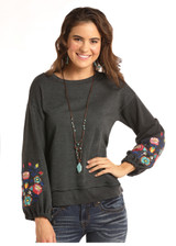 Women's Rock & Roll L/S, Charcoal, Embroidered Puff Sleeve