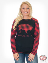 Women's Cowgirl Tuff L/S, Black with Red Plaid Sleeve, Buffalo Graphic