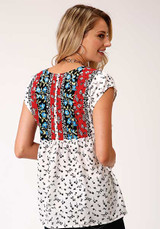 Women's Roper Top, White with Black Floral Print, Red and Blue Floral Front