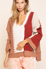 Women's POL Sweater, Camel, Cream and Burgundy Stripes Women's POL Sweater, Camel, Cream and Burgundy Stripes