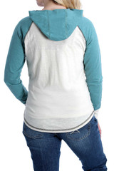 Women's Cinch Tee, Hooded, Paisley Logo with Light Blue Sleeves