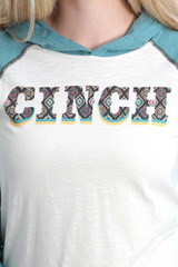 Women's Cinch Tee, Hooded, Paisley Logo with Light Blue Sleeves
