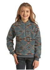 Girls Rock & Roll Pullover, Sherpa, Teal, Brown, Orange and Cream Aztec