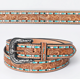Women's American Darling Belt, Tooled Floral with Turquoise Painted Border