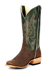 Men's Horse Power Boots, Top Hand, Brown Vamp, Turquoise Fools Goat (Green) Shaft with Green, Rust & White Stitching, White Piping