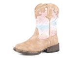 Girls Roper Boot, Tan with Pink and Blue Lace Fabric Shaft