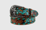 Girls Roper Belt, Brown with Turquoise Buckstitch, Painted Cactus Flowers