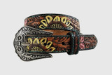 Girls Roper Belt, BrownTooling, Yellow and Pink Painted Flowers