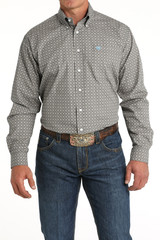 Men's Cinch L/S, Blue and Gray Print, Gray Plaid Cuffs