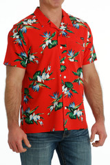 Men's Cinch S/S, Camp, Red with White Leaf Print Men's Cinch S/S, Camp, Red with White Leaf Print