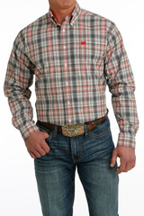 Men's White Cinch L/S, White, Orange and Black Plaid Men's White Cinch L/S, White, Orange and Black Plaid
